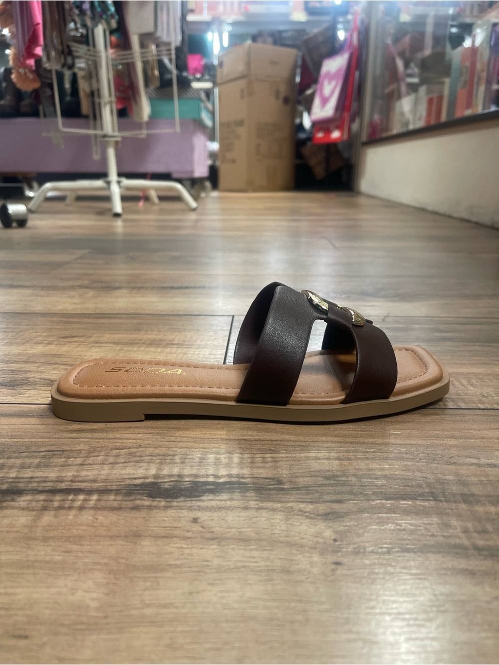 Women’s Brown Slide Sandals with Gold Accent